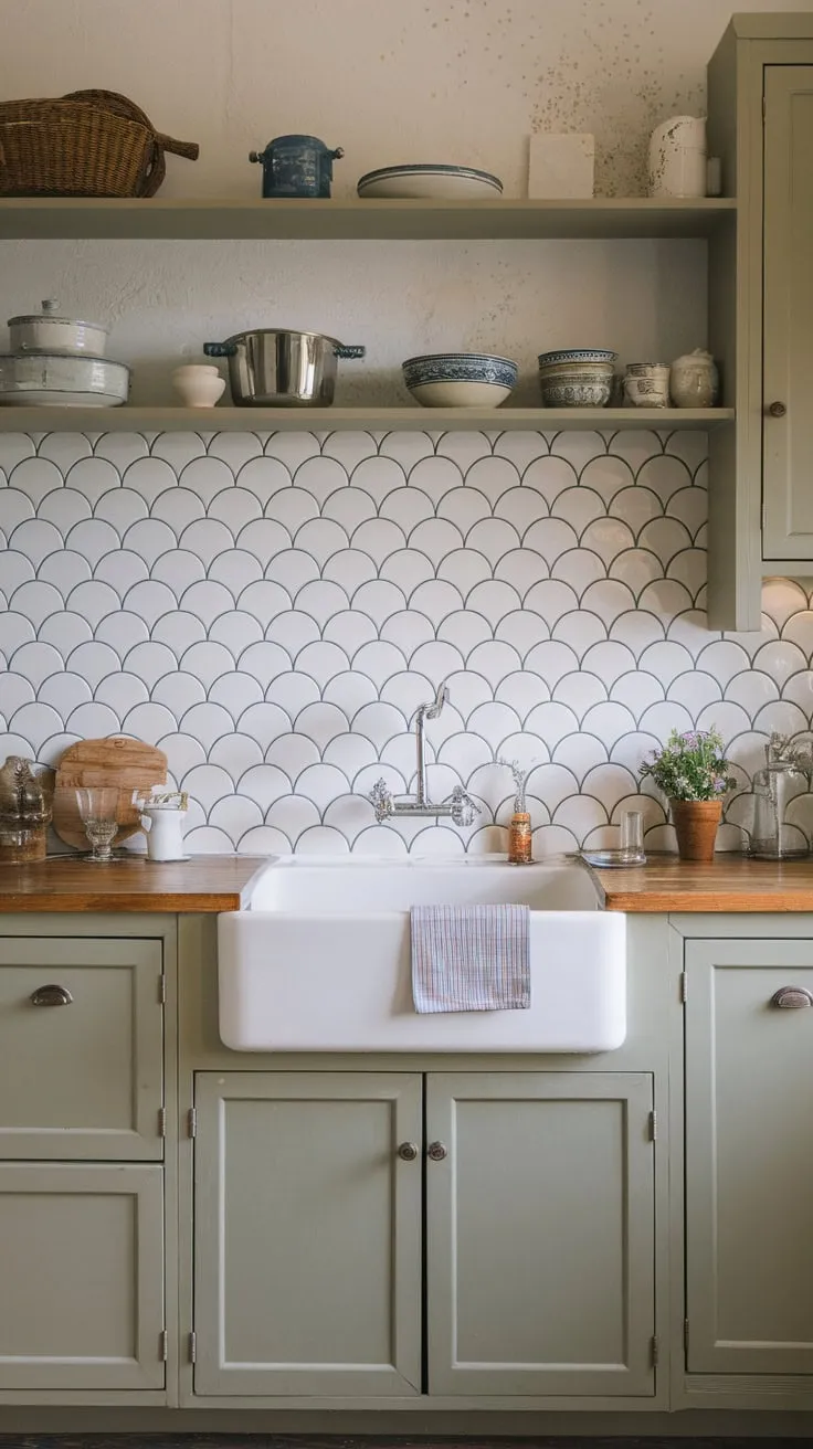 This vintage-inspired farmhouse kitchen boasts a stunning blue and white scalloped backsplash with glitter accents, showcasing diverse tile options from white to patterned to glass.