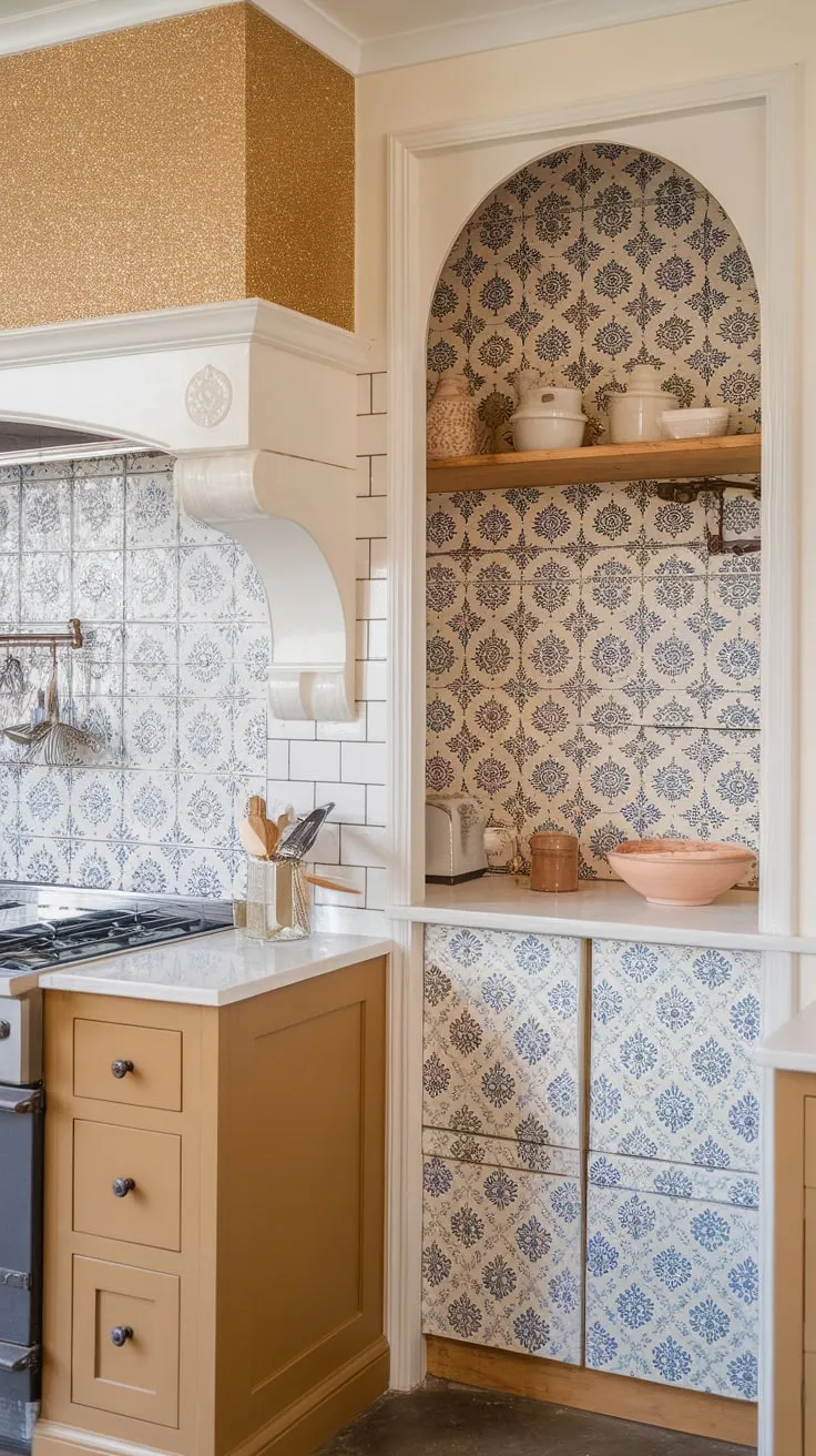 A warm farmhouse kitchen boasts a stunning multi-textured backsplash featuring white, tan, patterned glass, and glittery accents, creating a charming and inviting space.