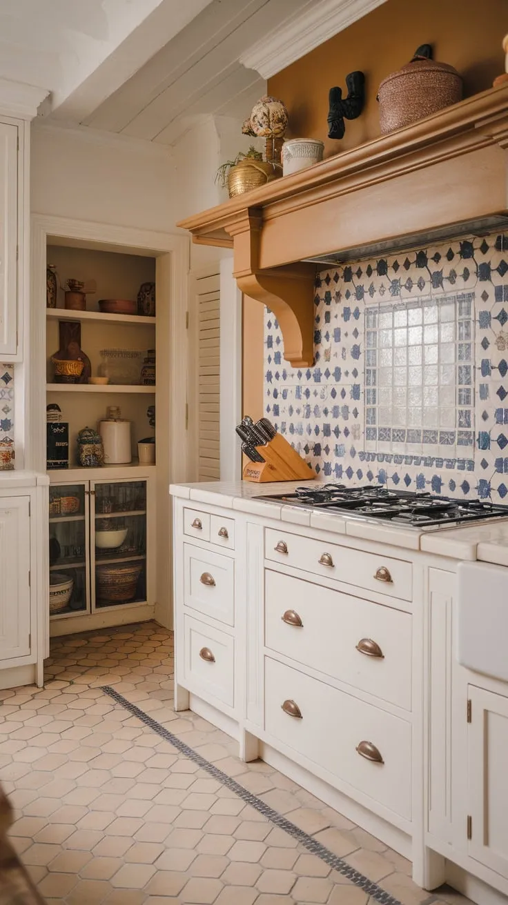 A farmhouse kitchen's inviting ambiance is enhanced by a stunning backsplash featuring a mix of patterned tan and blue tiles, complemented by a glass backsplash near the stove.