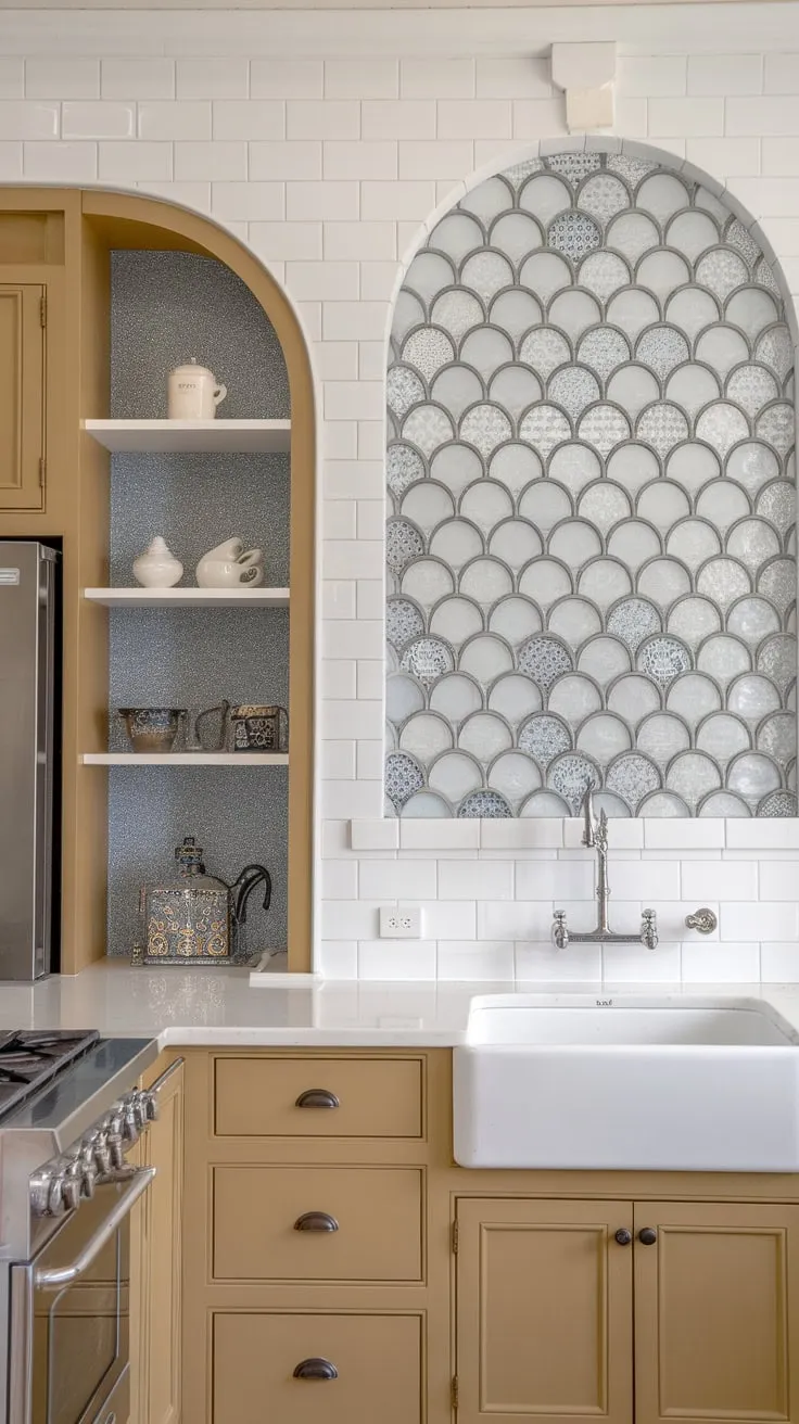 A charming farmhouse kitchen boasts a mix-and-match backsplash featuring white subway tile, blue and white patterned glass, and a sparkling blue glitter accent in the pantry.