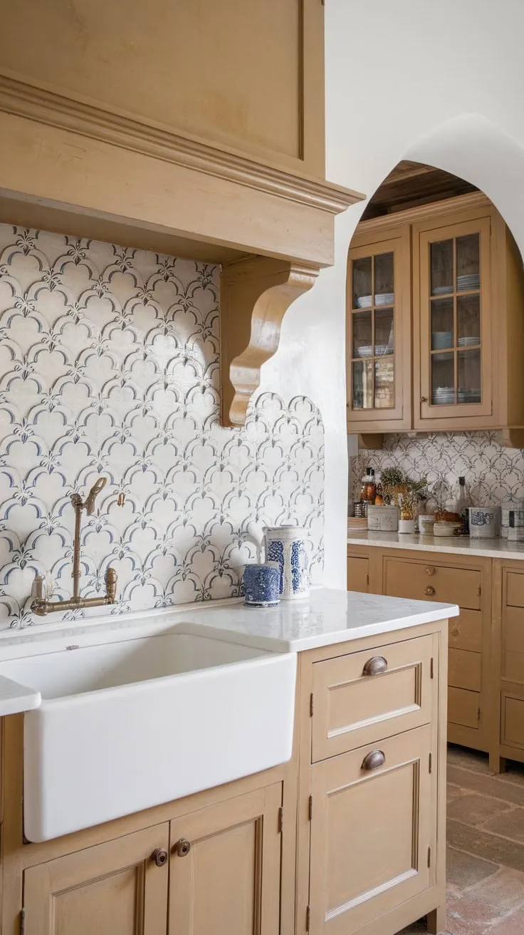 A charming farmhouse kitchen boasts a scalloped, blue-and-white patterned glass backsplash complementing tan cabinetry.