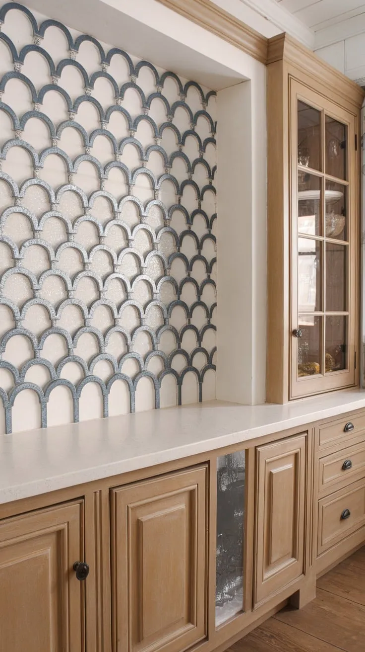 Distressed tan cabinets and wood floors are beautifully accented by a unique white and tan backsplash featuring a blue glitter scalloped pattern in a farmhouse kitchen.