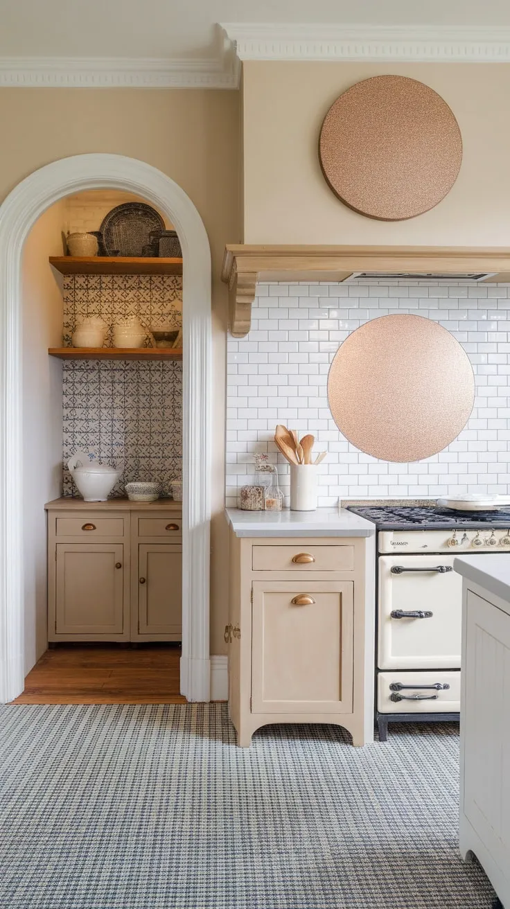 This farmhouse kitchen boasts diverse backsplash styles, from white subway tile to a glittery round statement piece above the stove, all complemented by a blue and white checkered floor.
