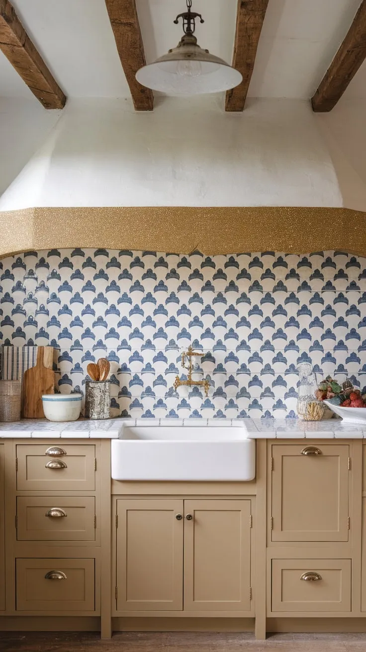This farmhouse kitchen showcases diverse backsplash styles—white, tan, patterned, glass, and glittery gold—all complementing the wooden beams and vintage lighting.