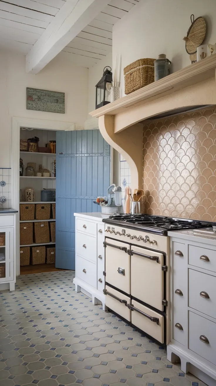 A charming farmhouse kitchen boasts a dual backsplash design—scalloped tan tile behind the stove and patterned glass above the sink—complementing blue and white floors and a blue pantry door.