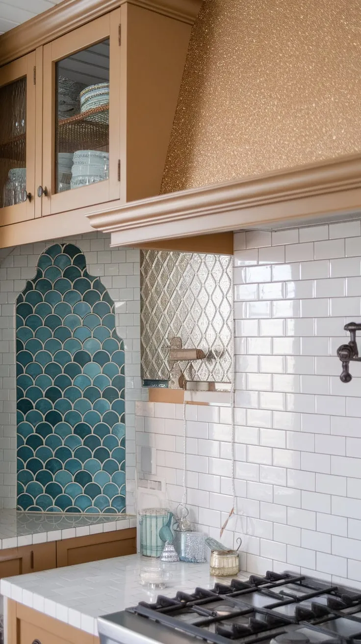 A charming farmhouse kitchen boasts a variety of backsplashes—white subway tile, patterned glass, scalloped blue, and glittering accents—adding personality to its design.