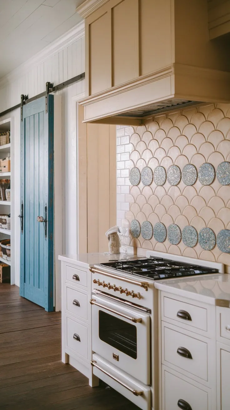 Tan scalloped tiles with blue glitter accents create a charming farmhouse kitchen backsplash, complementing the cabinetry and dark wood floors.