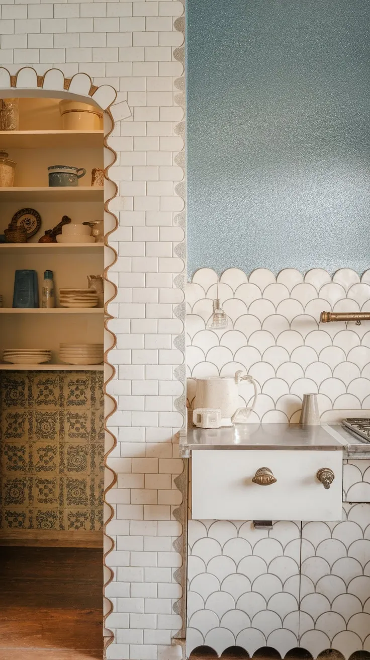 Scalloped white and tan, a blue glitter accent, and patterned pantry tiles create a unique farmhouse kitchen backsplash.