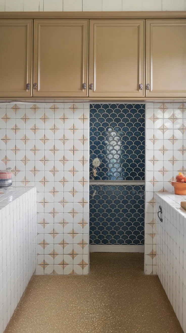 Glittery floors and a charming mix of white, tan, and blue patterned and scalloped tile backsplashes define this farmhouse kitchen's style