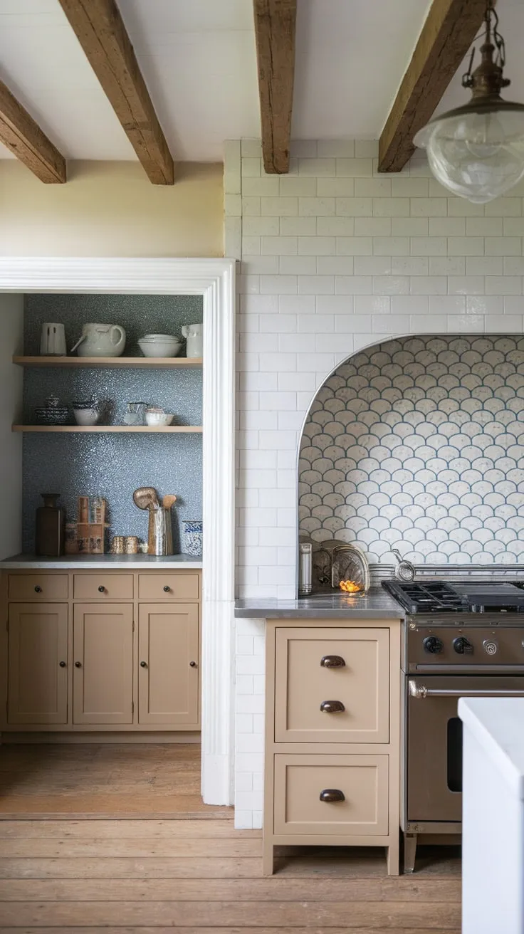 Scalloped details and a mix of white, tan, and blue-and-white patterned glass create a stunning farmhouse kitchen backsplash, complete with a glittering blue accent.