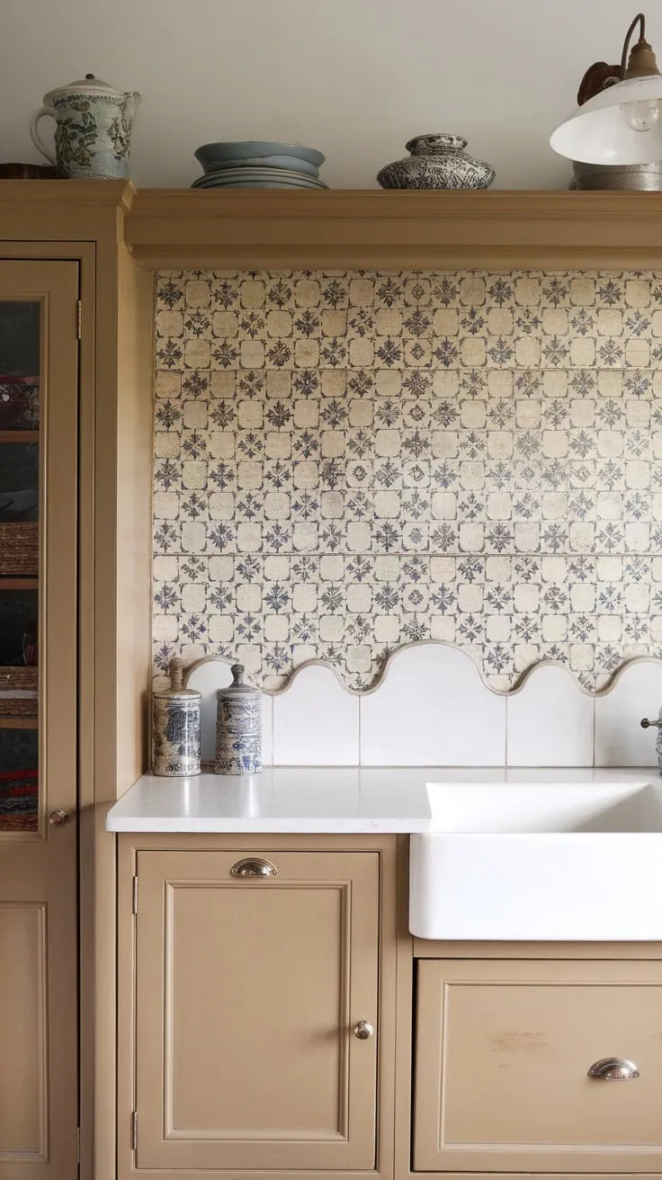 A charming farmhouse kitchen boasts a scalloped, blue-and-white patterned glass backsplash complementing tan cabinetry.