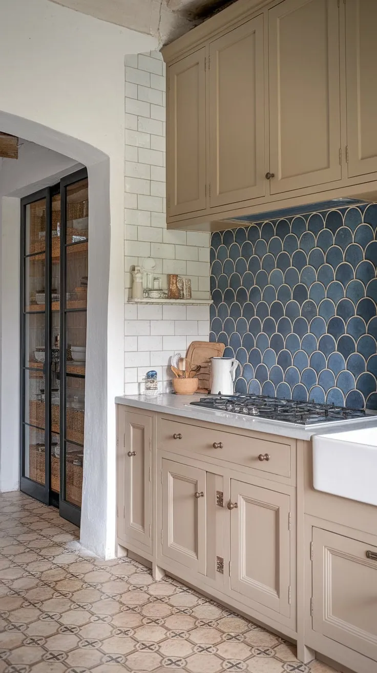 A charming farmhouse kitchen boasts a ceiling-high white backsplash featuring a delightful blue scalloped tile pattern, complementing tan cabinets and patterned flooring.