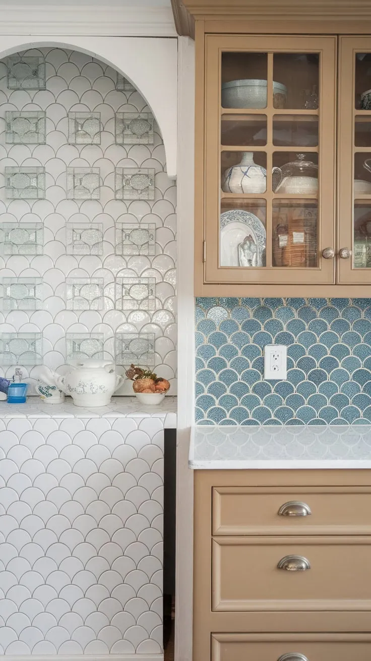 Glass tile patterns and a scalloped pantry accent a farmhouse kitchen's white and blue glitter backsplash, creating a stunning visual contrast.