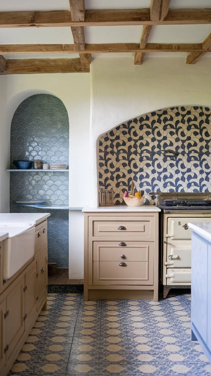 A charming farmhouse kitchen boasts a captivating blend of white, tan, and blue patterned backsplashes, accented by a scalloped pantry and glittering floor.