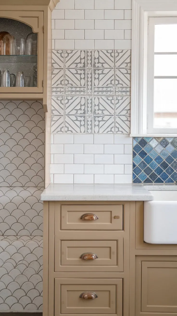 This farmhouse kitchen boasts a stunning array of patterned, glass, scalloped, and glittery backsplashes showcasing diverse styles and colors.