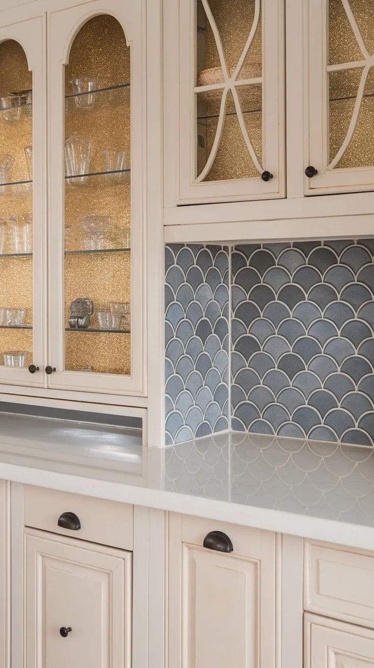 White subway tile and blue scalloped accents create a stunning farmhouse kitchen backsplash, with a hint of glass tile detail.