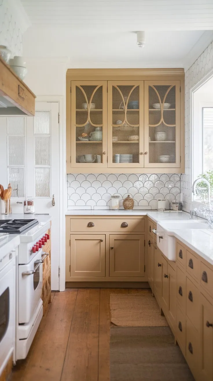 A bright farmhouse kitchen features a stunning white glass backsplash with scalloped detailing against tan cabinets.