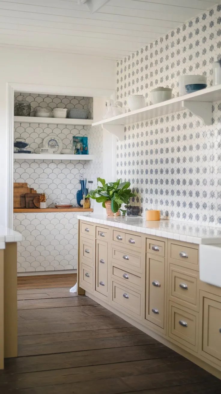 A bright farmhouse kitchen boasts a patterned blue and white glass tile backsplash, complemented by tan cabinets and a charming scalloped pantry accent.