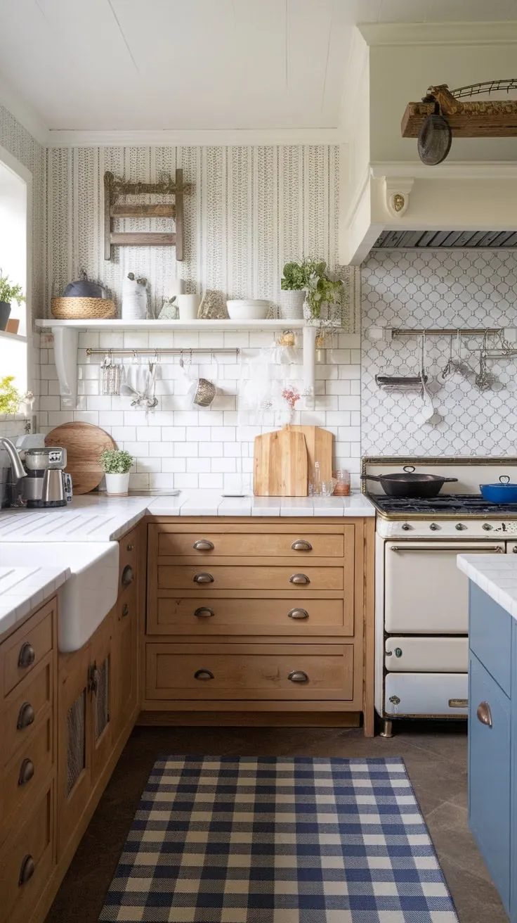 A farmhouse kitchen's captivating backsplash blends white, tan, and blue tiles with patterned wallpaper, creating a visually stunning focal point.