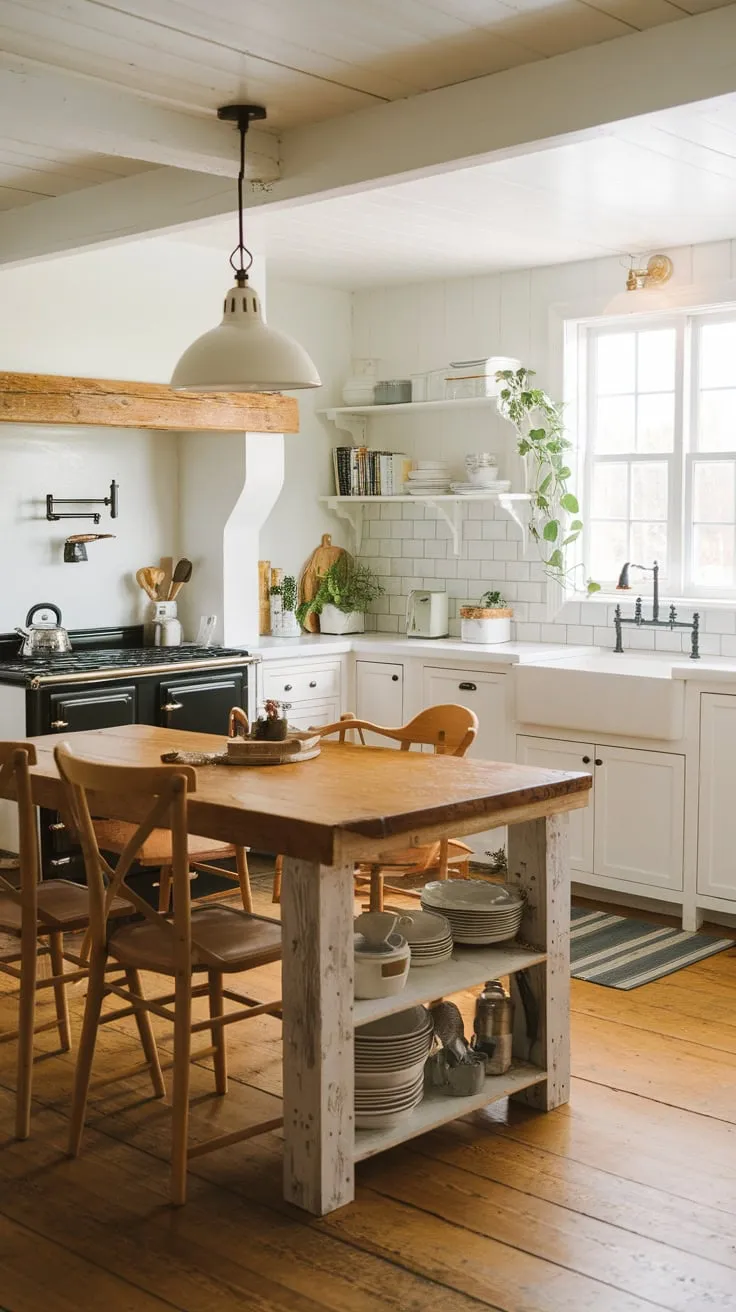 A charming farmhouse kitchen features a wooden island table with chairs, complemented by white cabinets, a black stove, and a wood floor.