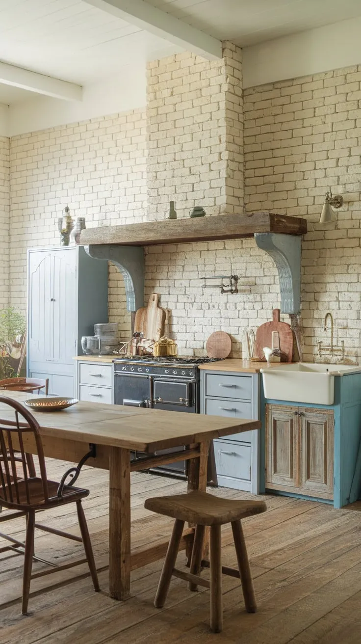 A farmhouse kitchen's wooden island, complete with cabinets, stove, and sink, anchors the brick-walled space.