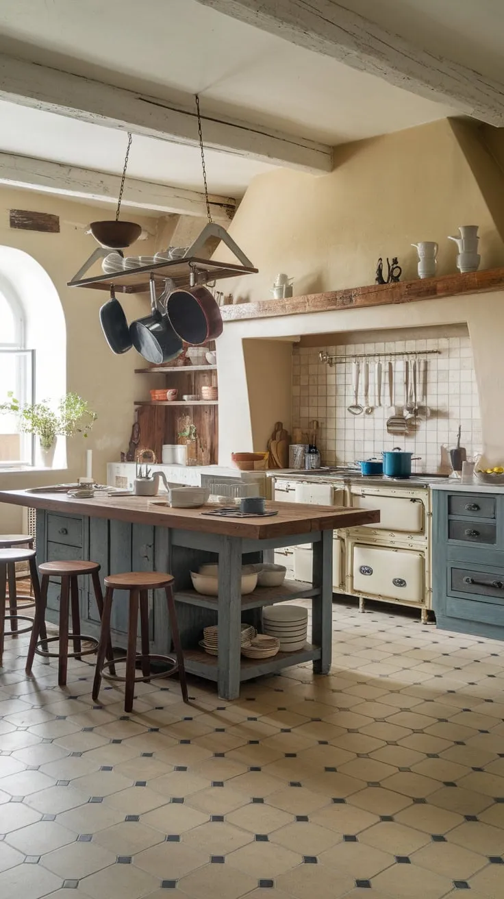 A large farmhouse kitchen island, complete with sink, stove, and wooden countertop, anchors a charming space.