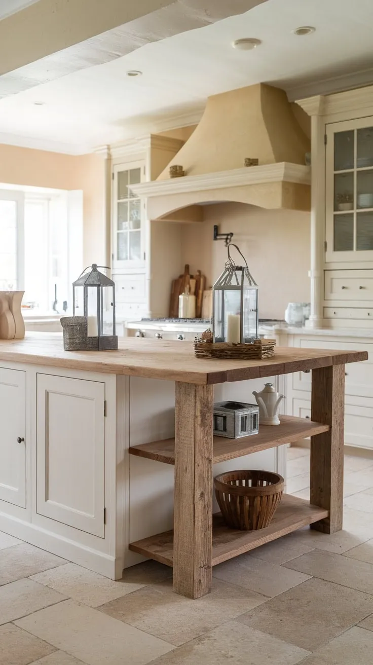 A charming farmhouse kitchen features a wooden island with white cabinetry, topped with decorative accents against a beige backdrop.