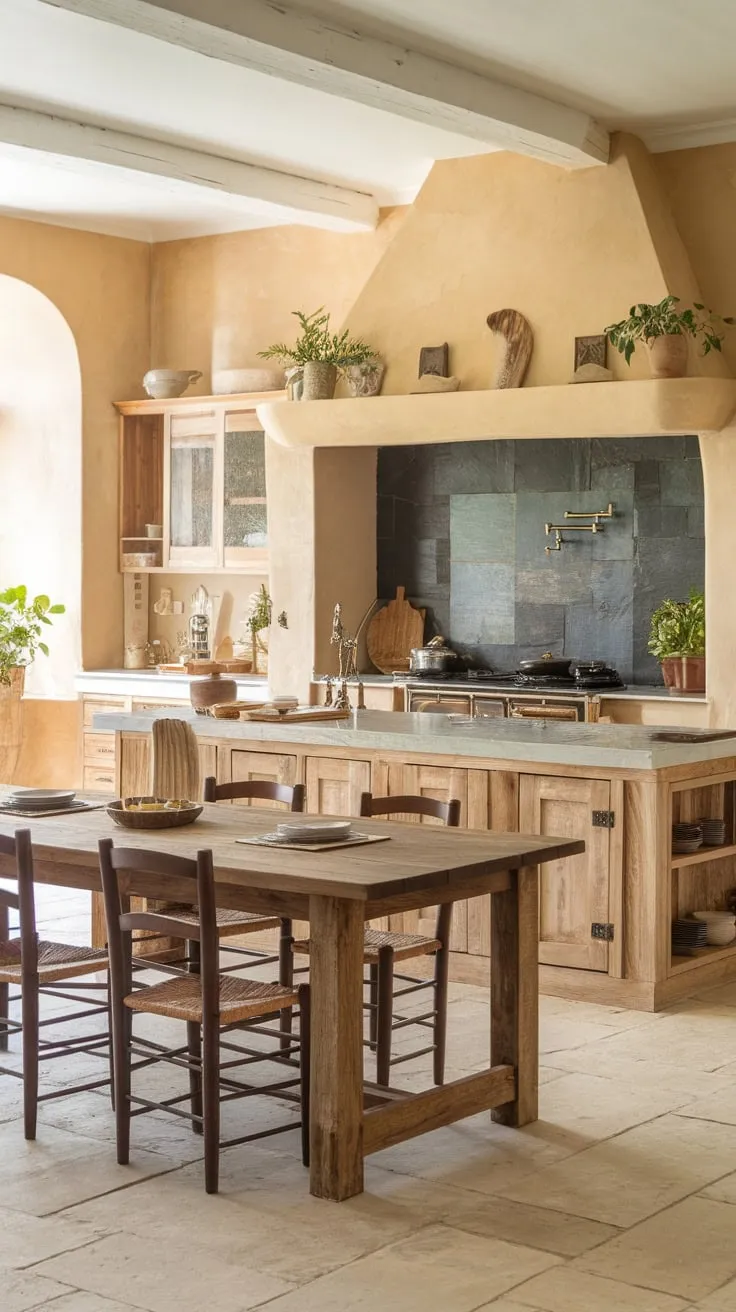 A warm farmhouse kitchen's centerpiece is a wooden island featuring a sink, stove, and seating for four.