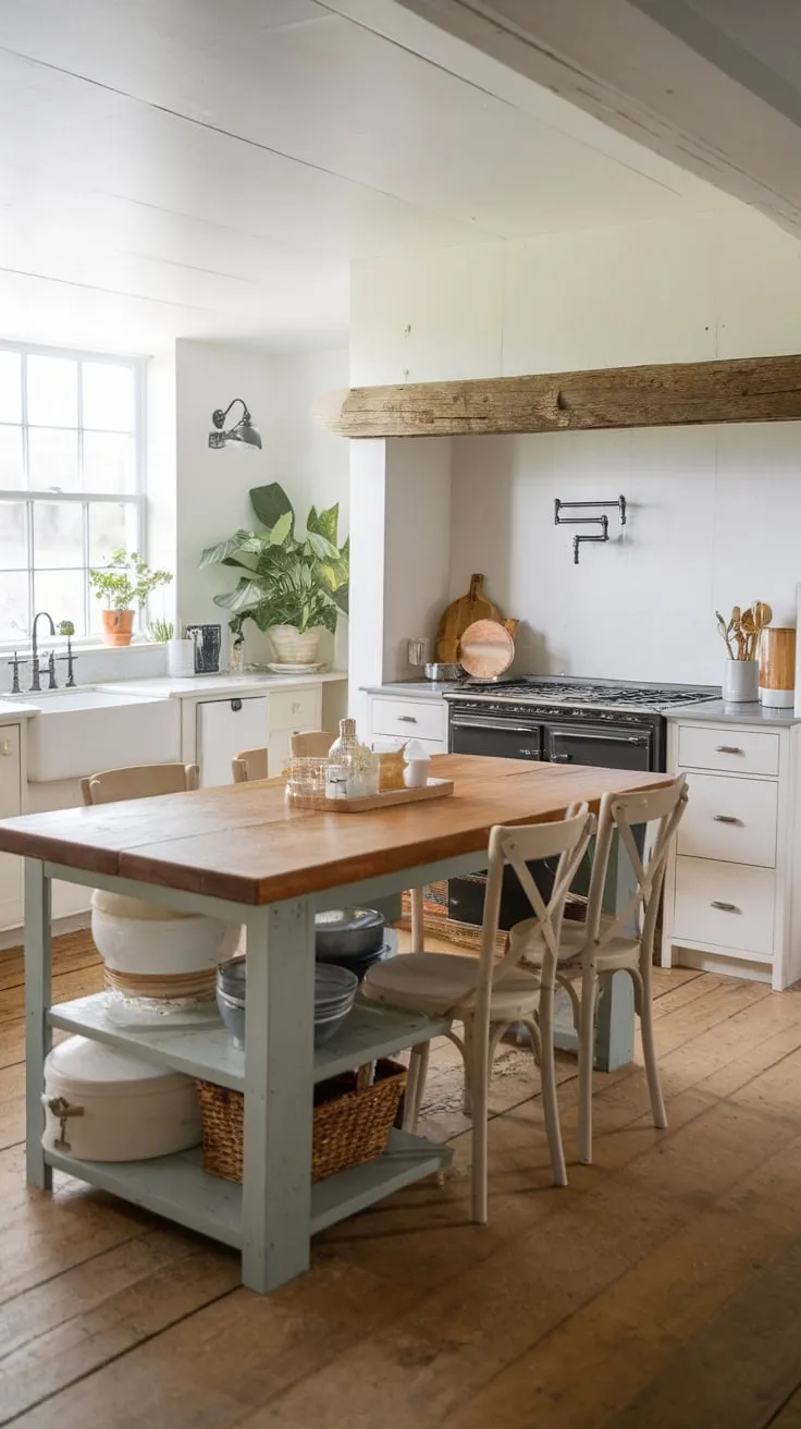 A farmhouse kitchen's wooden island, flanked by cabinets and surrounded by chairs, anchors the heart of the home.