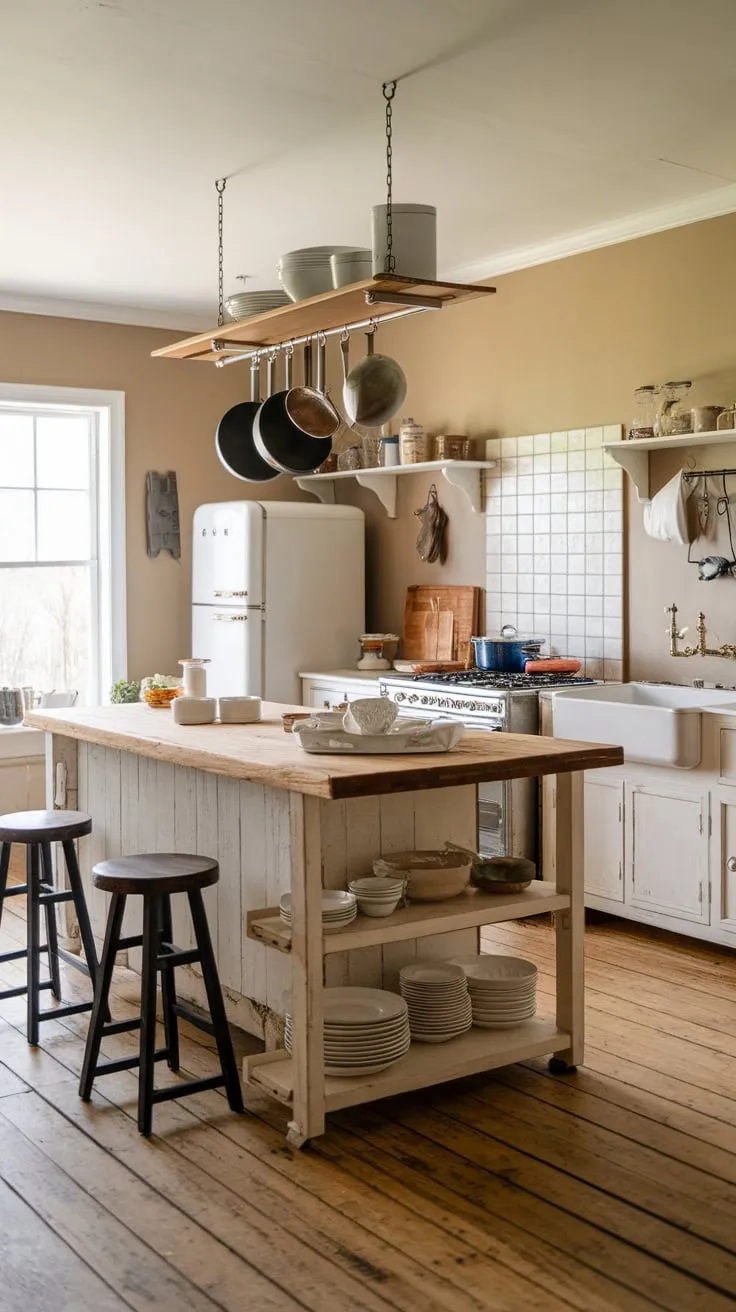 A charming farmhouse kitchen features a wooden island topped with a sink, flanked by stools and complemented by warm wood floors and beige walls.