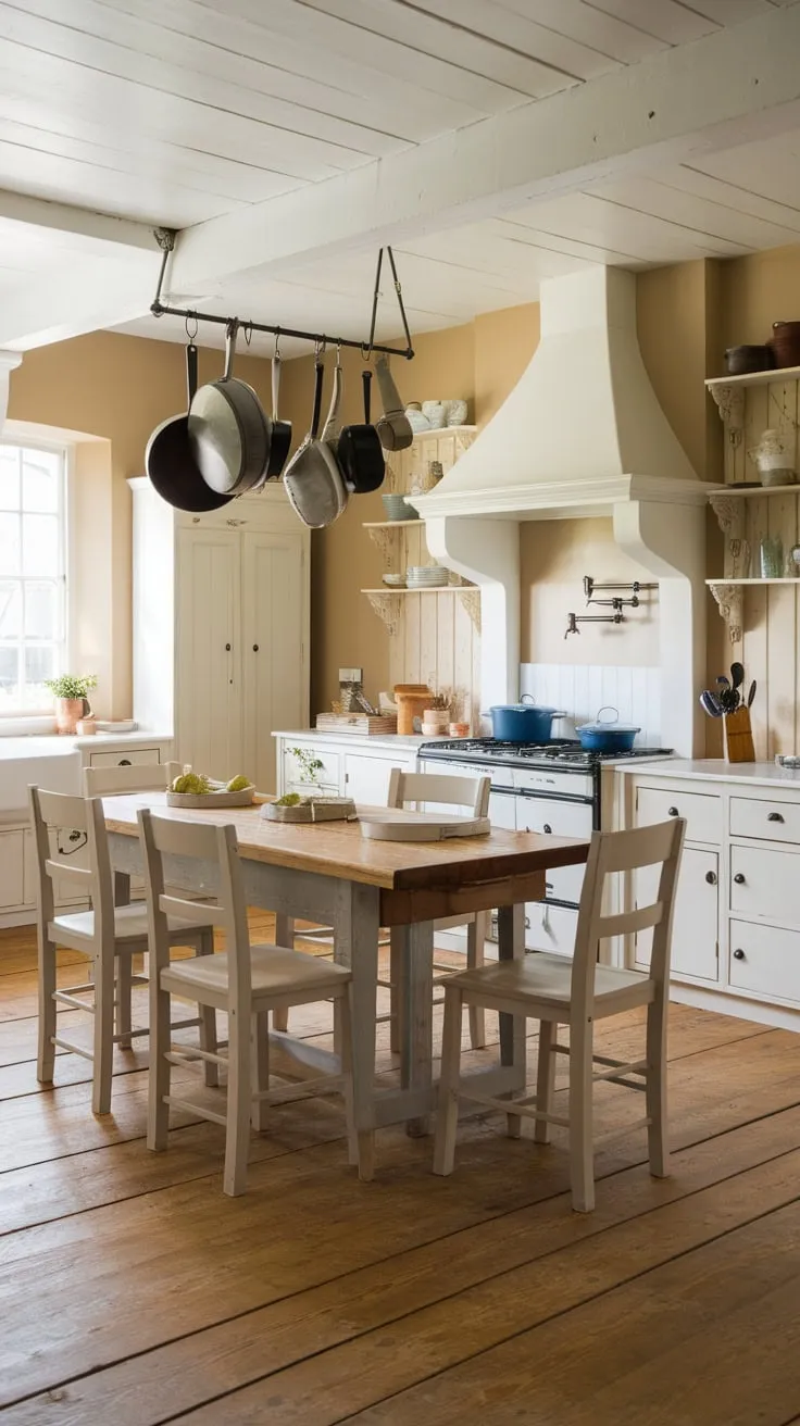 A warm farmhouse kitchen features a wooden island topped with beige chairs and flanked by cabinets, creating a cozy and functional heart of the home.