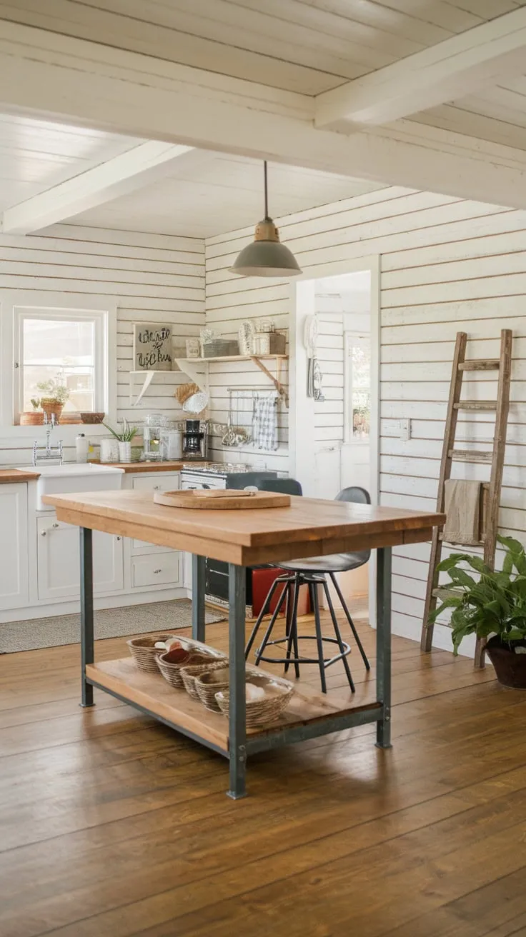 A charming farmhouse kitchen features a wooden-topped island with metal legs, bar stools, and a warm, inviting atmosphere.