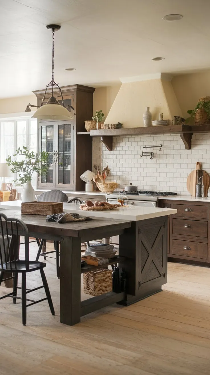 A warm farmhouse kitchen features a large dark wood island topped with white, perfect for casual dining and adding cozy character.