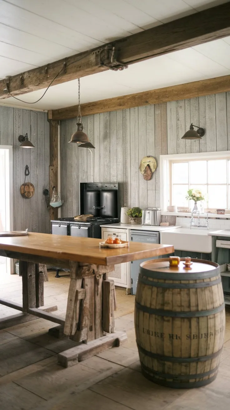 A weathered wood farmhouse kitchen boasts a charming wooden island and barrel table, creating a warm and inviting space.