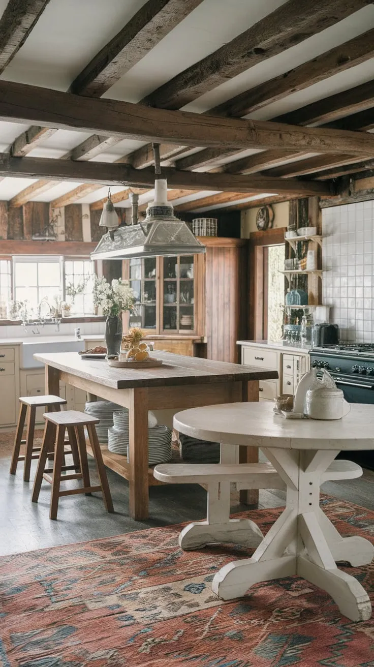 A farmhouse kitchen's heart beats strong with a wooden island, complete with stools and a charming round table.