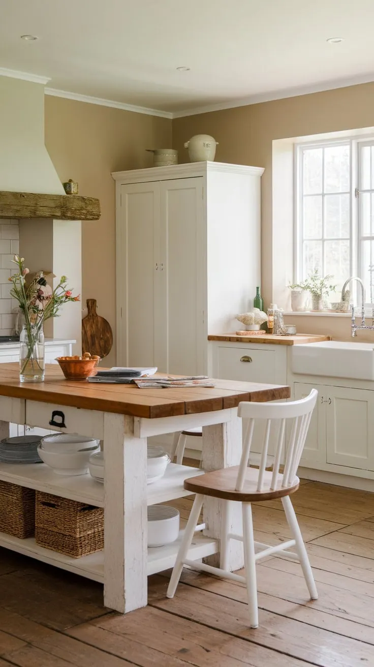 A warm beige farmhouse kitchen features a wooden island serving as a table, complemented by a white chair and wood floors.