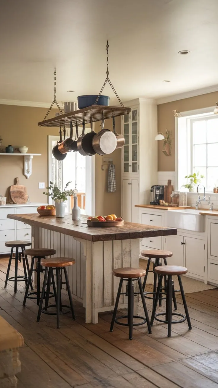 A warm beige farmhouse kitchen features a wooden island topped with a pot rack, inviting stools, and a farmhouse sink.
