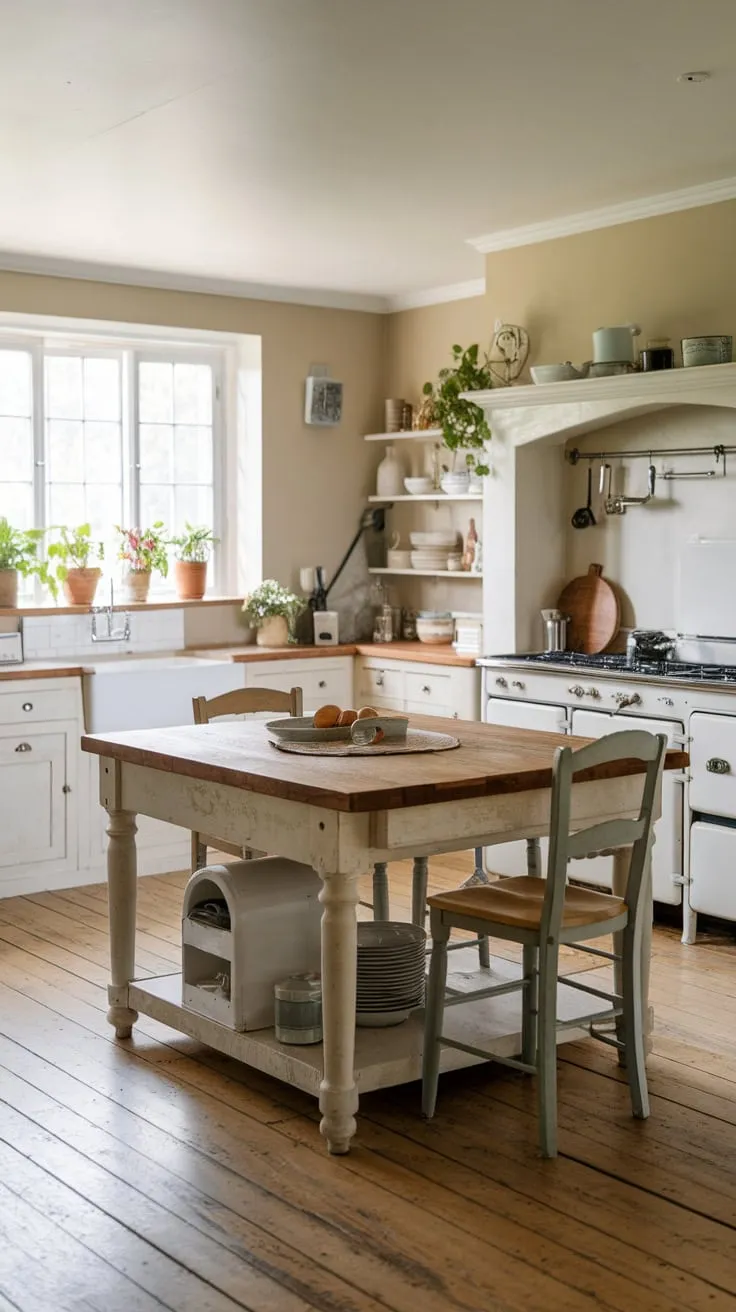A farmhouse kitchen's wooden island, complete with table and chairs, anchors a warm and inviting space.