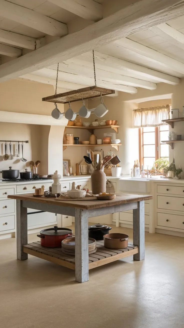 A charming farmhouse kitchen features a wooden island serving as a functional table, adorned with everyday essentials.