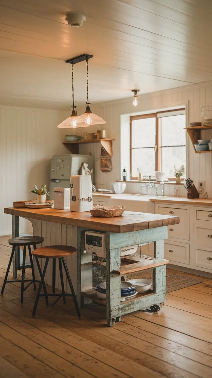 Warm lighting illuminates a farmhouse kitchen's inviting wooden island, complete with sink, appliances, and stools.