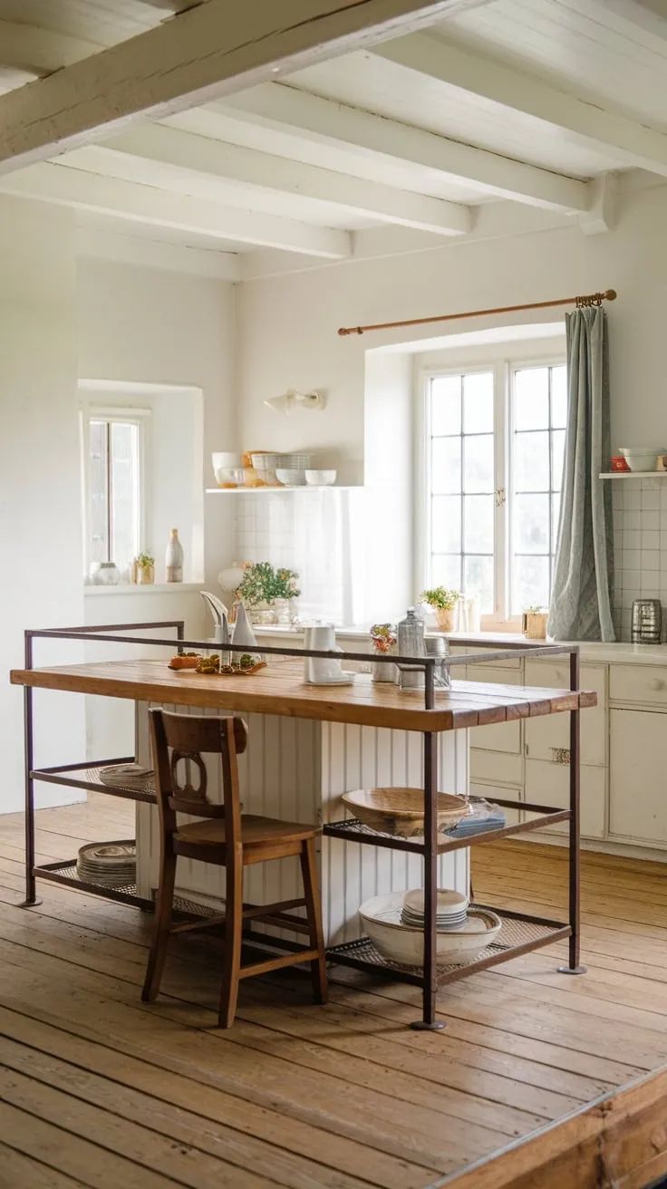 A farmhouse kitchen's wooden island, accented by a metal railing and wooden chair, creates a warm and inviting focal point.