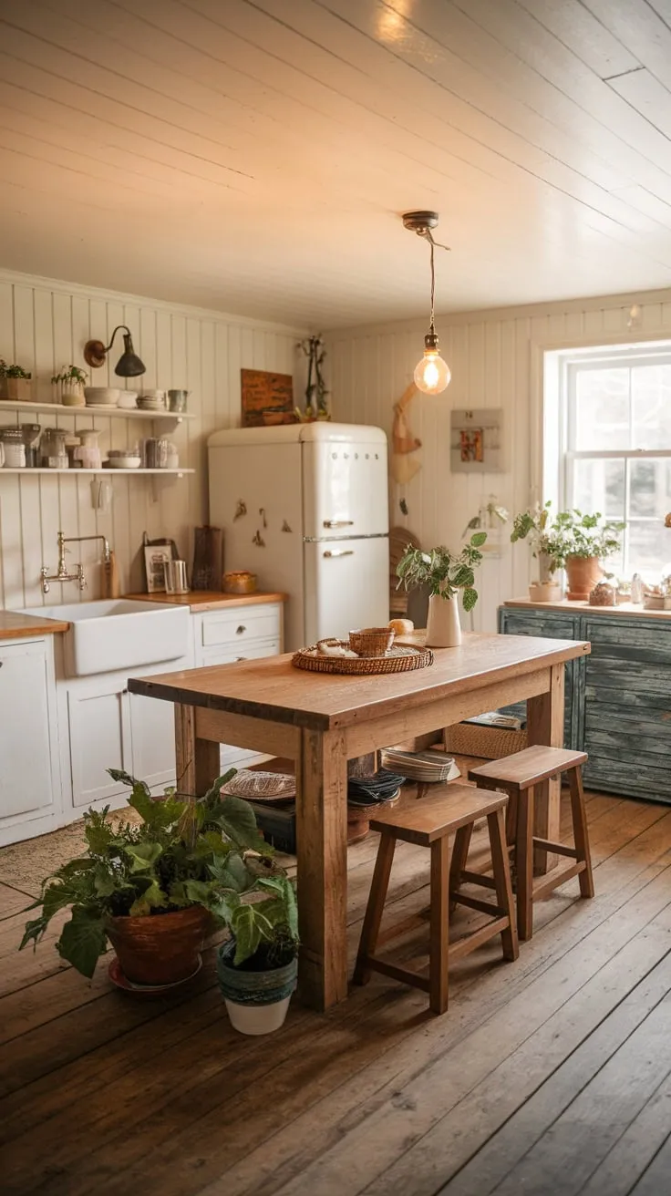 Warm lighting highlights a farmhouse kitchen's wooden island, complete with seating and potted plants, creating a cozy and inviting heart of the home.