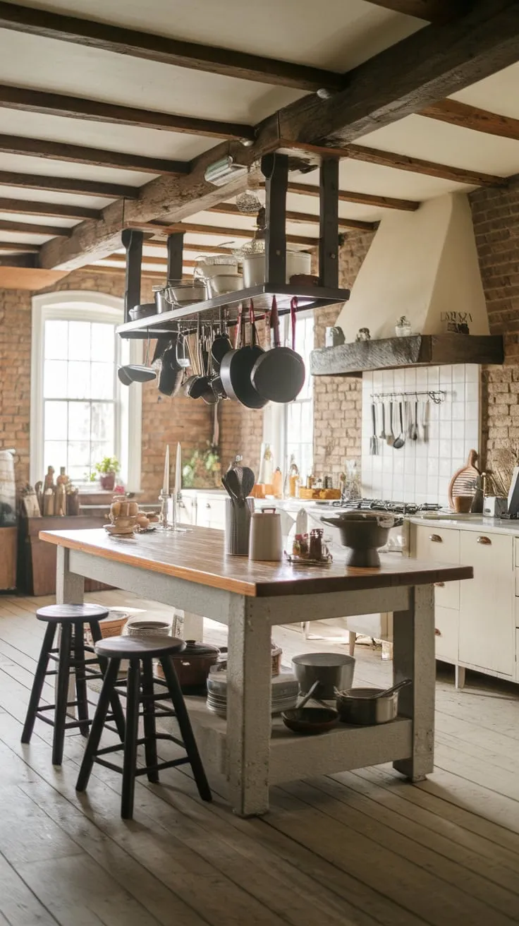 A vintage farmhouse kitchen's wooden island, complete with hanging cookware and surrounding stools, serves as a functional and inviting centerpiece.