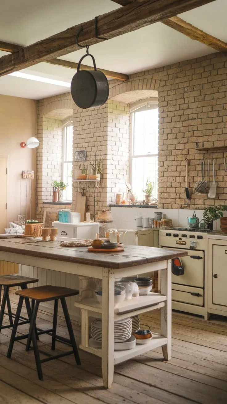 A vintage farmhouse kitchen's wooden island, complete with stools and wall oven, anchors the space.