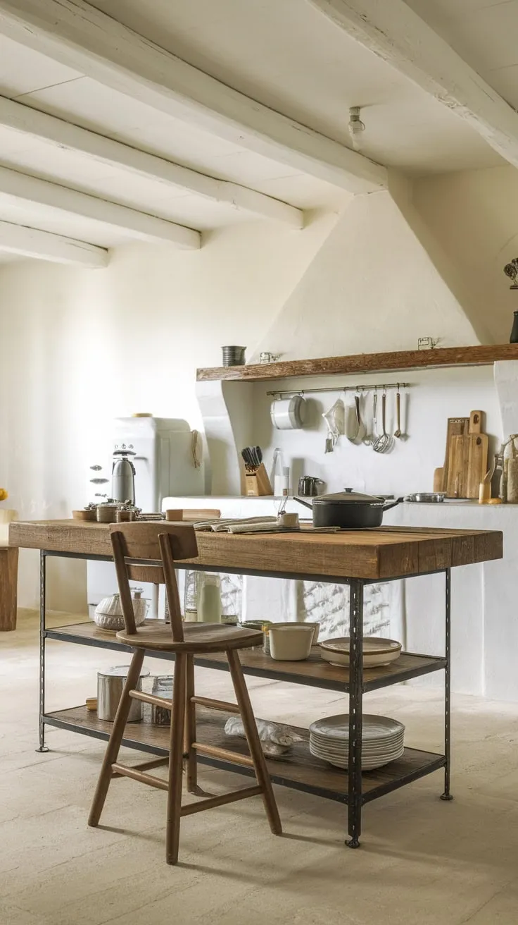 A wooden-topped farmhouse kitchen island, supported by metal legs and topped with cooking utensils, anchors a warm and inviting space.