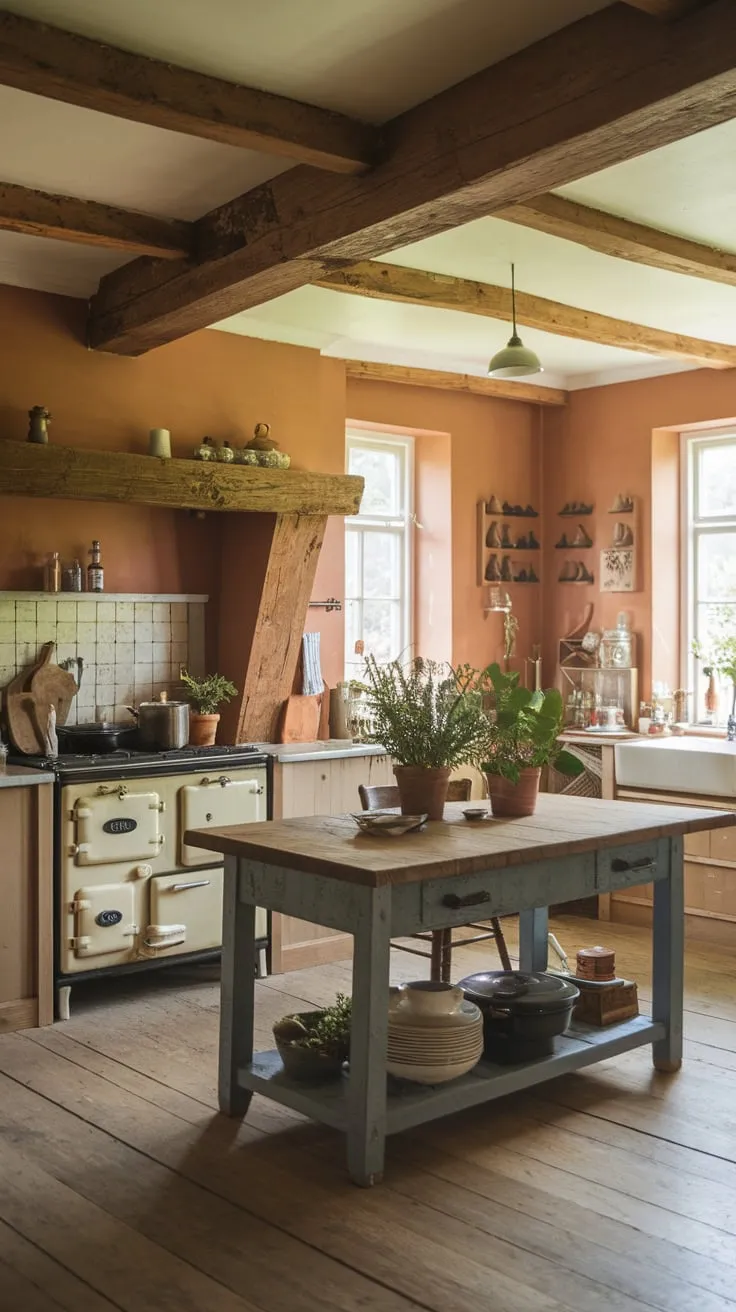 Warm-hued walls and wooden beams complement a vintage farmhouse kitchen featuring a wooden island, perfect for casual dining and prepping meals.