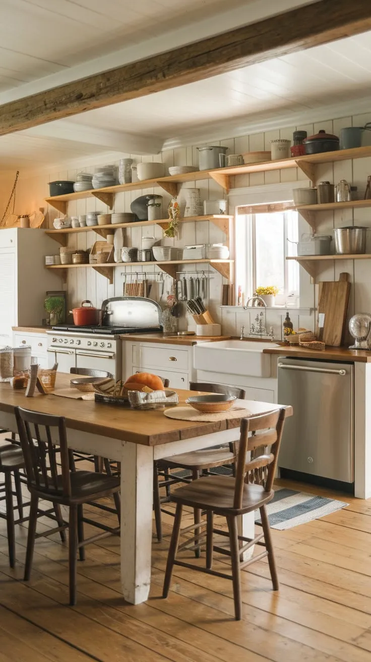 A warm farmhouse kitchen boasts a wooden island featuring a stove, sink, and dishwasher, creating a cozy and functional heart of the home.