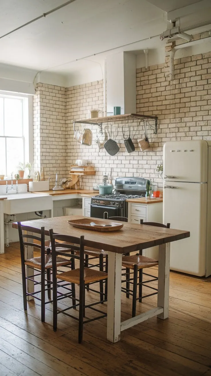 A charming farmhouse kitchen features a wooden island with seating, complemented by exposed brick and wood floors.