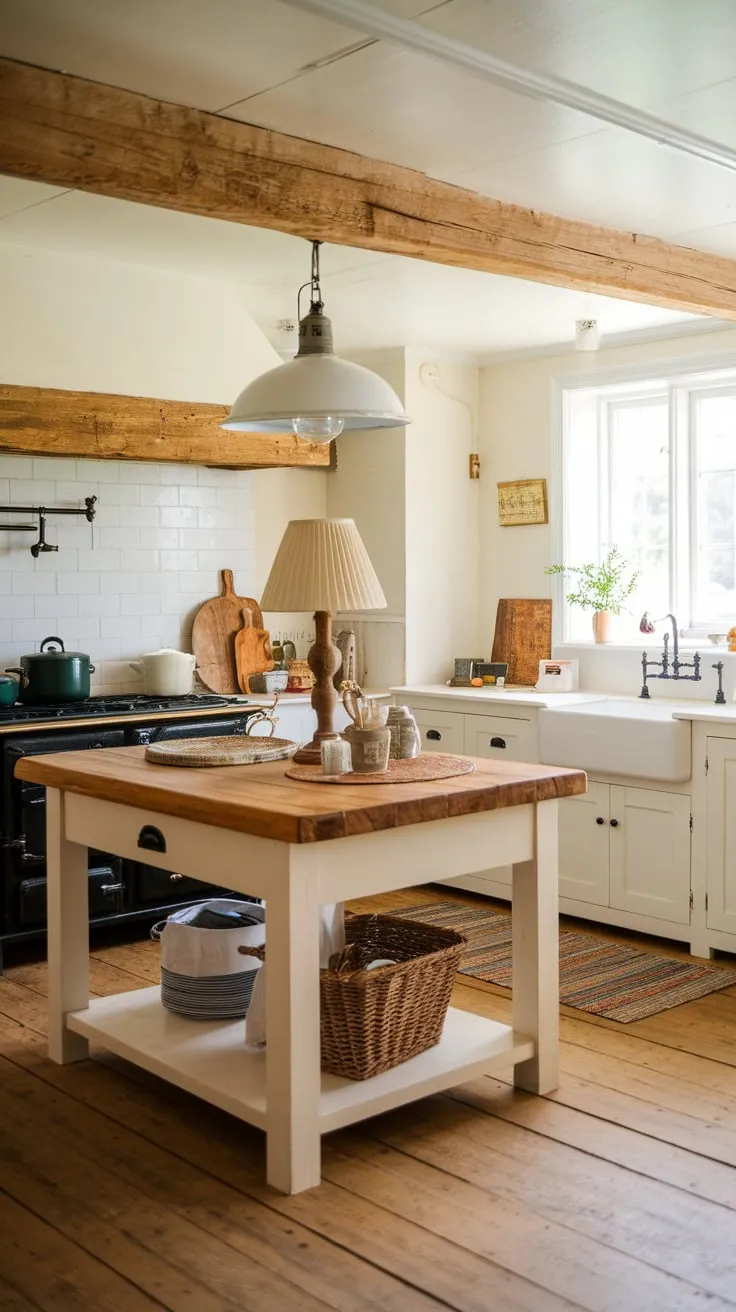 A farmhouse kitchen's wooden island, topped with a lamp and basket, anchors a space of white cabinets, a black stove, and a wood-plank floor.