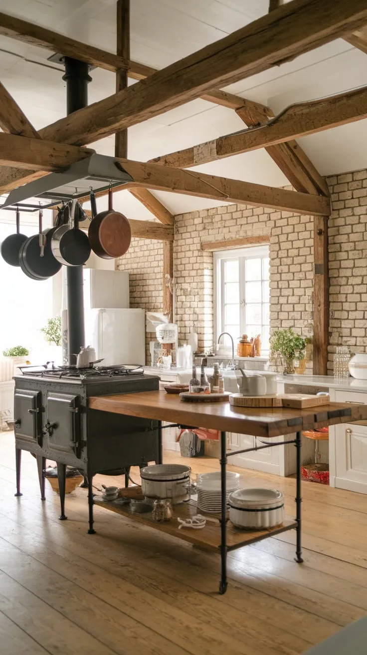 A vintage stove sits proudly atop a wooden farmhouse kitchen island, its metal legs a striking contrast to the exposed beams and brick walls.